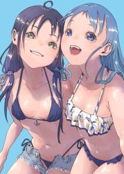 Rule 34 | 2girls, ahoge, anchor ornament, bikini, black bikini, black hair, blue background, blue eyes, breasts, commentary request, cutoffs, denim, denim shorts, frilled bikini, frills, gradient hair, green eyes, grey shorts, grin, highres, kantai collection, long hair, looking at viewer, mismatched bikini, multicolored hair, multiple girls, n-mori, open fly, open mouth, samidare (kancolle), shorts, side-tie bikini bottom, simple background, sitting, small breasts, smile, suzukaze (kancolle), swept bangs, swimsuit, teeth, textless version, upper teeth only, very long hair