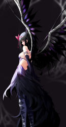 Rule 34 | 1girl, absurdres, akemi homura, akuma homura, argyle, argyle clothes, argyle legwear, arms behind back, back, backless outfit, bare shoulders, black hair, black wings, bow, breasts, closed mouth, dark background, dress, elbow gloves, feathered wings, feet out of frame, gloves, hair bow, highres, kiro (kirotayu), large wings, long dress, mahou shoujo madoka magica, mahou shoujo madoka magica: hangyaku no monogatari, medium breasts, purple eyes, red bow, solo, standing, wings