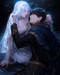 Rule 34 | 1boy, 1girl, armor, black cape, black pants, black shirt, blue eyes, brown eyes, brown hair, cape, closed mouth, dress, hug, husband and wife, irene winston von steim, long hair, looking at another, looking down, looking up, official art, overgeared, pants, shin youngwoo, shirt, sitting, smile, very long hair, white dress, white hair