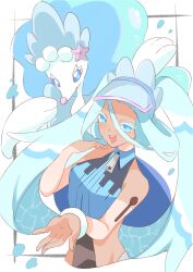 Rule 34 | 1girl, absurdres, blue eyes, blue hair, blue headwear, bright pupils, colored eyelashes, creatures (company), eyelashes, game freak, gen 7 pokemon, hair between eyes, hatsune miku, highres, kotomine hisui, long hair, nintendo, open mouth, pokemon, pokemon (creature), primarina, project voltage, shoulder tattoo, smile, tan, tattoo, teeth, twintails, upper teeth only, very long hair, visor cap, vocaloid, water miku (project voltage), white pupils, white wristband, zipper pull tab