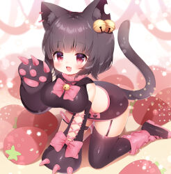 1girl :3 all_fours animal_ears animal_hands bell black_dress black_gloves black_hair black_shoes black_tiara blush bow breasts cat_ears cat_girl cat_tail commentary_request commission dress elbow_gloves garter_straps gloves hair_bell hair_ornament hand_up highres indie_virtual_youtuber kirisame_riri large_breasts leg_warmers momozu_komamochi open_mouth oppai_loli paw_gloves pink_bow pink_leg_warmers pink_thighhighs red_eyes shoes skeb_commission smile tail tareme thighhighs tiara virtual_youtuber