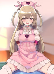 Rule 34 | 1girl, ababarion, apron, arms behind back, ball, bandages, blush, cowboy shot, exercise ball, hair ornament, hat, heart, highres, indoors, light brown hair, long hair, looking at viewer, natori sana, nurse cap, open mouth, pink apron, pink hat, puffy short sleeves, puffy sleeves, rabbit hair ornament, red eyes, sana channel, short sleeves, sitting, solo, sweatdrop, two side up, virtual youtuber