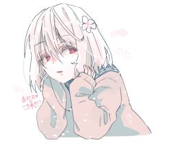 Rule 34 | 1girl, accelerator (toaru majutsu no index), albino, androgynous, arrow (symbol), blue sailor collar, bored, brown sweater, electrodes, flat chest, flower, flower (symbol), hair flower, hair ornament, hand on own face, hands up, kanji, long sleeves, looking to the side, medium hair, open mouth, pale skin, portrait, red eyes, ryokutou, sailor collar, sketch, sleeves past wrists, solo, suzushina yuriko, sweater, toaru majutsu no index, white background, white hair