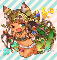 Rule 34 | &gt; o, 1girl, ;d, animal ears, anklet, bad id, bad pixiv id, bandeau, bare shoulders, barefoot, bastet (p&amp;d), beamed quavers, blunt bangs, blush, bracelet, brown hair, cat ears, cat girl, cat tail, commentary request, dark-skinned female, dark skin, diagonal stripes, egyptian, fang, full body, green eyes, jewelry, long hair, looking at viewer, mashiro miru, midriff, musical note, navel, one eye closed, open mouth, paw pose, puzzle &amp; dragons, skirt, smile, solo, striped, striped background, tail, treble clef, twitter username, very long hair, white skirt