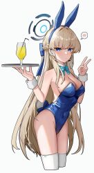 Rule 34 | 1girl, absurdres, alcohol, animal ears, aqua bow, aqua bowtie, bare shoulders, blonde hair, blue archive, blue eyes, blue hair, blue leotard, blush, bow, bowtie, braid, breasts, chuhua, cleavage, commentary, covered navel, cup, detached collar, drinking glass, fake animal ears, grey background, halo, headset, highres, leotard, long hair, looking at viewer, medium breasts, multicolored hair, official alternate costume, playboy bunny, rabbit ears, simple background, solo, thighhighs, toki (blue archive), toki (bunny) (blue archive), two-tone hair, v, white thighhighs