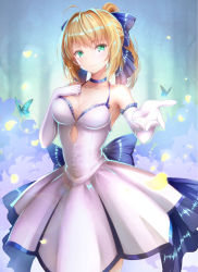 Rule 34 | 10s, 1girl, ahoge, armpit peek, artoria pendragon (all), artoria pendragon (fate), bare shoulders, beckoning, blonde hair, blue bow, blue ribbon, blue theme, blush, bow, breasts, bug, butterfly, choker, cleavage, closed mouth, collarbone, dress, elbow gloves, eyebrows, fate/extella, fate/extra, fate/stay night, fate (series), gloves, green eyes, hair bow, hair ribbon, hand on own chest, insect, long hair, looking at viewer, medium breasts, official alternate costume, official alternate hairstyle, omoti (1201208), petals, ponytail, reaching, reaching towards viewer, ribbon, ribbon choker, saber (fate), saber (pure night dress) (fate), smile, solo, standing, white dress, white gloves