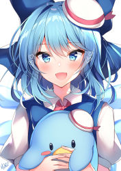 Rule 34 | 1girl, :d, absurdres, blue bow, blue eyes, blush, bow, cirno, collared shirt, commentary request, creature, fang, hair bow, hat, heart, heart-shaped pupils, highres, holding, ice, ice wings, large bow, looking at viewer, medium hair, mini hat, nenobi (nenorium), open mouth, pink neckwear, sanrio, shirt, short sleeves, signature, simple background, skin fang, smile, solo, symbol-shaped pupils, touhou, upper body, white background, white hat, white shirt, wings