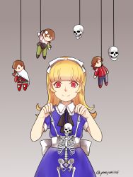 Rule 34 | 1girl, alice (megami tensei), blonde hair, blue dress, character doll, commentary request, dress, glowing, glowing eyes, grey background, hair ribbon, highres, kazuya (megami tensei), long hair, red eyes, ribbon, shin megami tensei, shin megami tensei i, signature, skeleton, skull ornament, smile, solo, x x, yuji (megami tensei), yuka (megami tensei), yumiyumi1105