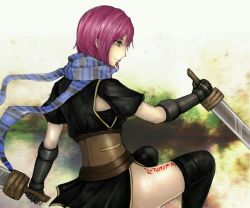 Rule 34 | 1girl, black gloves, black skirt, black thighhighs, breasts, gloves, green eyes, holding, holding weapon, leg tattoo, nel zelpher, profile, red hair, scarf, short hair, skirt, solo, star ocean, star ocean till the end of time, striped clothes, striped scarf, sword, tattoo, thighhighs, weapon