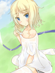 Rule 34 | 1girl, ahoge, blonde hair, blue eyes, blush, breasts, cleavage, eyebrows, holding, holding clothes, holwabding clothes, hose, kafuka, kafuka (aokaf18), kavka, looking at viewer, on ground, original, see-through, short hair, sitting, solo, thighhighs, wariza, water, wavy hair, wet, wet clothes, white thighhighs