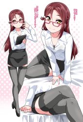 Rule 34 | 10s, 1girl, bed sheet, bespectacled, between breasts, black footwear, black skirt, black thighhighs, blush, breasts, collarbone, crossed legs, dress shirt, earrings, folder, full body, glasses, hair between eyes, halftone, halftone background, high heels, highres, holding, holding folder, jewelry, kanji, long hair, long sleeves, looking at viewer, looking over eyewear, love live!, love live! sunshine!!, multiple views, musical note, office lady, on bed, pen, pencil skirt, polka dot, polka dot background, red hair, sakurauchi riko, shirt, shirt tucked in, sitting, skirt, small breasts, smile, thighhighs, thighs, translation request, white shirt, yellow eyes, yopparai oni, zettai ryouiki