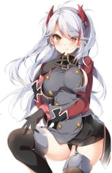 Rule 34 | 1girl, :q, absurdres, azur lane, black gloves, black panties, black thighhighs, blush, breasts, closed mouth, commentary request, cross, dress, garter straps, gloves, hand on own chest, hand up, highres, iron cross, knee up, large breasts, long hair, looking at viewer, military, military uniform, orange eyes, panties, prinz eugen (azur lane), short dress, side slit, sideboob, silver hair, simple background, smile, solo, sushimekabu, swept bangs, thighhighs, tongue, tongue out, tsurime, two side up, underwear, uniform, white background