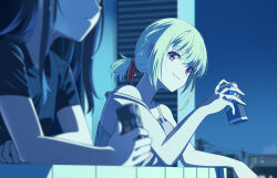 Rule 34 | 2girls, arm support, balcony, bare shoulders, black hair, black shirt, blonde hair, blue hair, camisole, can, closed mouth, evening, from side, grey tank top, hair ribbon, head out of frame, holding, holding can, inoue takina, light smile, long hair, looking ahead, looking at another, low ponytail, lycoris recoil, medium hair, multiple girls, neko (yanshoujie), night, nishikigi chisato, outdoors, purple eyes, red ribbon, ribbon, shirt, sidelocks, sleeveless, strap slip, t-shirt, tank top, upper body