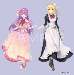 Rule 34 | 2girls, :d, alternate costume, ankle strap, apron, arm at side, bare shoulders, black dress, blonde hair, boots, bow, bow hairband, bowtie, brooch, brown footwear, butterfly brooch, butterfly ornament, clothing cutout, copyright notice, cross-laced footwear, dress, enmaided, eye contact, facial mark, frilled apron, frilled dress, frilled gloves, frills, full body, gloves, gradient dress, green eyes, hair between eyes, hair bun, hairband, hat, heart, heart facial mark, high heels, jewelry, juliet sleeves, lace-up boots, long hair, long sleeves, looking at another, looking to the side, luis cammy, maid, maid apron, mob cap, mole, mole under mouth, multiple girls, nijisanji, official art, open mouth, outstretched hand, pantyhose, parted lips, pink bow, pink dress, pink footwear, puffy sleeves, purple background, purple hair, red bow, red bowtie, red eyes, sakura ritsuki, sample watermark, short sleeves, shoulder cutout, sidelocks, simple background, skirt hold, sleeve cuffs, smile, standing, tsunakawa, veil, virtual youtuber, watermark, white apron, white gloves, white hairband, white pantyhose