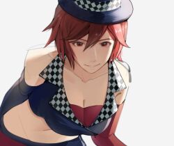Rule 34 | 1girl, asymmetrical gloves, bqcrop, breasts, cleavage, crop top, elbow gloves, gloves, grin, hat, large breasts, leaning forward, meiko (vocaloid), mismatched gloves, navel, red eyes, red hair, sketch, smile, solo, top hat, vocaloid