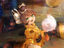 Rule 34 | 1girl, aged down, aqua eyes, brown hair, commentary request, cotton candy, crying, fox mask, funi mu9, highres, hololive, japanese clothes, kimono, looking at viewer, mask, natsuiro matsuri, obi, open mouth, sash, solo, tears, virtual youtuber, yukata