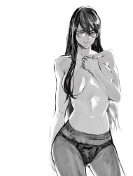 Rule 34 | 1girl, breasts, collarbone, contrapposto, glasses, grey background, greyscale, hand up, highres, kamishiro rize, large breasts, long hair, monochrome, navel, panties, panties under pantyhose, pantyhose, shiny skin, simple background, solo, tokyo ghoul, topless, underwear, yourfreakyneighbourh