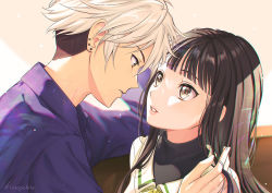 Rule 34 | 1boy, 1girl, artist name, black hair, brown eyes, brown hair, commentary, couple, ear piercing, earrings, eye contact, from side, fruits basket, hands up, highres, jewelry, kimopoleis, long hair, long sleeves, looking at another, multicolored hair, parted lips, piercing, profile, purple shirt, shirt, short hair, souma hatsuharu, souma isuzu, symbol-only commentary, teeth, two-tone hair, upper body, white hair