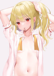 Rule 34 | 1girl, blonde hair, breasts, flandre scarlet, flat chest, grey background, highres, light smile, looking at viewer, mouth hold, navel, open clothes, open shirt, red eyes, shirt, short sleeves, small breasts, solo, touhou, tying hair, upper body, y na1211