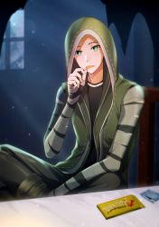 Rule 34 | + +, 1boy, akariko, bandages, bandaged arm, bandages, black shirt, blurry, candy, chocolate, chocolate bar, commentary request, copyright name, depth of field, licking finger, food, green eyes, green footwear, green hoodie, green pants, highres, hood, hood up, hoodie, identity v, indoors, lens flare, licking, light rays, looking at viewer, male focus, naib subedar, pants, shirt, sitting, solo, sparkle, stitches, window