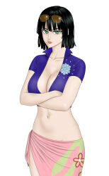 Rule 34 | 1girl, black hair, breasts, cleavage, cosplay, crossed arms, fubuki (one-punch man), green eyes, large breasts, melonpeachcakee, midriff, nico robin, one-punch man, one piece, sarong, solo, sunglasses