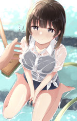 Rule 34 | 1girl, absurdres, akagikou, bare legs, barefoot, between legs, black hair, black one-piece swimsuit, blush, breasts, broom, closed mouth, collared shirt, commentary request, dress shirt, grey eyes, hand between legs, highres, hose, medium breasts, one-piece swimsuit, original, pool, school uniform, see-through, shallow water, shirt, short sleeves, sitting, solo focus, swimsuit, swimsuit under clothes, tied shirt, wariza, water, wet, wet clothes, wet shirt, white shirt