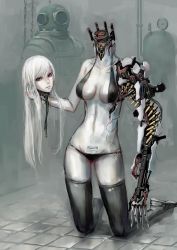 Rule 34 | 1girl, albino, android, arm cannon, barcode, bikini, black bikini, black thighhighs, breasts, bullet, cable, cleavage, disembodied head, diving suit, gas cylinder, groin, head removed, highres, holding head, jittsu, kneeling, long hair, looking at viewer, mecha musume, mechanical arms, mechanical parts, original, pale skin, parted lips, red eyes, single mechanical arm, solo, swept bangs, swimsuit, thighhighs, tile floor, tiles, weapon, white hair