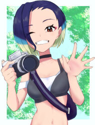 Rule 34 | 1girl, absurdres, artist request, bare shoulders, black choker, blue hair, bob cut, breasts, brown eyes, camera, choker, creatures (company), crop top, forest, game freak, grin, highres, holding, holding camera, looking at viewer, medium breasts, multicolored hair, nature, navel, nintendo, off-shoulder shirt, off shoulder, one eye closed, perrin (pokemon), pokemon, pokemon sv, salute, shirt, short hair, short sleeves, sky, smile, solo, tree, wink
