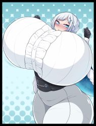 Rule 34 | 1girl, akershus fortress (oshiro project), alternate breast size, black gloves, blue capelet, blue eyes, breasts, cape, capelet, frills, frown, fur-trimmed cape, fur trim, gigantic breasts, gloves, high-waist pants, oshiro project:re, pants, silver hair, solo, tewtewga