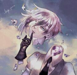 Rule 34 | 1other, amputee, androgynous, antarcticite, black gloves, blue eyes, cloud, cloudy sky, collared shirt, crystal hair, eyeball, finger to mouth, fragoletta, gem uniform (houseki no kuni), gloves, houseki no kuni, looking at viewer, necktie, one-eyed, other focus, puffy sleeves, severed arm, severed head, severed limb, shards, shirt, shushing, sky, solo, swept bangs, white shirt