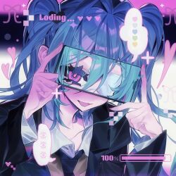 1girl black_jacket black_necktie blue_hair cellphone collared_shirt commentary eyepatch glitch hair_intakes hatsune_miku heart highres holding holding_phone jacket long_sleeves medical_eyepatch monitoring_(vocaloid) necktie one_eye_covered open_mouth phone pink_eyes pink_nails portrait progress_bar shirt smartphone smile solo spoken_heart taowu_(20809) twintails vocaloid white_shirt