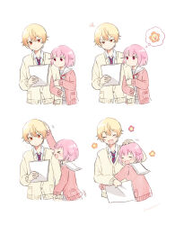 Rule 34 | 1boy, 1girl, arms around waist, blonde hair, cardigan, closed eyes, closed mouth, collared shirt, diagonal-striped clothes, diagonal-striped necktie, gradient hair, hair between eyes, happy, headpat, height difference, highres, hug, locked arms, long sleeves, momomo (m0 3), multicolored hair, necktie, ootori emu, open mouth, orange eyes, orange hair, pink cardigan, pink hair, pocket, project sekai, shirt, short hair, smile, striped clothes, striped necktie, tenma tsukasa, thought bubble, wonderlands x showtime (project sekai), yellow cardigan