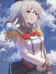 Rule 34 | 1girl, blue sky, breasts, buttons, cloud, epaulettes, frilled sleeves, frills, grey eyes, grey skirt, highres, honmakaina kudou, jacket, kantai collection, kashima (kancolle), large breasts, long sleeves, military, military jacket, military uniform, miniskirt, neckerchief, pleated skirt, red neckerchief, sidelocks, silver hair, skirt, sky, solo, twintails, uniform, wavy hair, white jacket