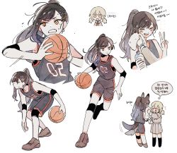 Rule 34 | ..., 2girls, animal ears, azusawa kohane, ball, basketball, basketball (object), basketball uniform, black hair, blue hair, blue shirt, blue shorts, bottle, brown eyes, brown footwear, bumgae, clenched teeth, commentary request, elbow pads, grey serafuku, grey shirt, grey skirt, hair up, high ponytail, highres, holding, holding towel, knee pads, korean commentary, korean text, light brown hair, long sleeves, multiple girls, open mouth, playing sports, pleated skirt, project sekai, school uniform, serafuku, shiraishi an, shirt, shoes, shorts, skirt, sleeveless, sleeveless shirt, sneakers, sportswear, sweat, tail, tail wagging, teeth, towel, translation request, v, water bottle, wolf ears, wolf tail, yellow eyes