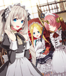 Rule 34 | 3girls, abigail williams (fate), abigail williams (festival outfit) (fate), alcohol, alternate costume, apron, black ribbon, blonde hair, blue eyes, coconat summer, commentary request, cup, dress, drinking glass, fate/grand order, fate (series), frankenstein&#039;s monster (fate), frankenstein&#039;s monster (formal dress) (fate), gloves, grey hair, hair over eyes, highres, holding, holding plate, horns, indoors, keyhole, long sleeves, looking at viewer, maid, maid apron, marie antoinette (animejapan 2016) (fate), marie antoinette (fate), multiple girls, official alternate costume, parted bangs, pink hair, plate, red ribbon, ribbon, single horn, sleeves past fingers, sleeves past wrists, stairs, stuffed animal, stuffed toy, teddy bear, twintails, white gloves, wine, wine glass