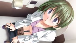 Rule 34 | 1girl, aihara akiko, black skirt, blue eyes, breasts, censored, cleavage, clothes pull, dutch angle, female focus, game cg, green hair, hands on own knees, indoors, kashimashi communication, lab coat, long hair, looking at viewer, mosaic background, mosaic censoring, panties, panty pull, pantyhose, pantyhose pull, purple footwear, purple shirt, pussy, senomoto hisashi, shirt, shoes, sitting, skirt, skirt pull, solo, surprised, sweatdrop, toilet, toilet paper, toilet use, underwear