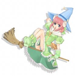 Rule 34 | 10s, 1girl, animal ears, blue eyes, boots, broom, broom riding, double bun, dress, full body, gloves, green footwear, hair bun, hat, horns, monster girl, open mouth, panties, pantyshot, pink hair, sheep (trickster), sheep ears, sheep girl, sidesaddle, simple background, solo, striped clothes, striped panties, trickster (ntreev soft), underwear, upskirt, white background, witch hat