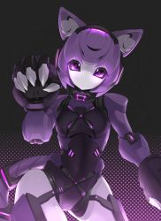 Rule 34 | animal ears, borrowed character, cat ears, claw pose, claws, commission, glowing, glowing eyes, highres, humanoid robot, looking at viewer, mechanical ears, mechanization, metal skin, no humans, non-humanoid robot, original, purple eyes, purple hair, rati (absoluteblue), robot, solo
