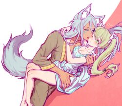 1boy 1girl ancient_egyptian_clothes animal_ears blue_dress blue_eyes blue_hair breasts cleavage commentary_request dark-skinned_male dark_skin dress dutch_angle flying_sweatdrops fox_boy fox_ears frey_(rune_factory) gold_trim green_eyes green_hair hair_between_eyes hair_ribbon hetero highres hug korean_commentary leon_(rune_factory) licking licking_another&#039;s_face long_hair looking_at_another lying on_back on_side open_mouth ribbon rune_factory rune_factory_4 tb_(spr1110) tongue tongue_out twintails