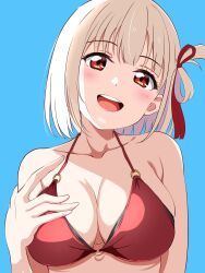 Rule 34 | 1girl, :d, bare shoulders, bikini, blonde hair, blue background, blunt bangs, blush, borgbutler, breasts, cleavage, close-up, collarbone, commentary, eyelashes, hair ribbon, halterneck, hand up, head tilt, highres, large breasts, looking at viewer, lycoris recoil, nishikigi chisato, o-ring, o-ring bikini, o-ring top, one side up, open mouth, red bikini, red eyes, red ribbon, ribbon, short hair, sidelighting, simple background, skindentation, smile, solo, straight hair, swimsuit, teeth, upper teeth only