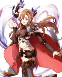 Rule 34 | 10s, 1girl, breasts, brown eyes, brown hair, cape, crop top, eredhen, granblue fantasy, grey thighhighs, hair ornament, highres, long hair, long sleeves, midriff, open mouth, shorts, smile, solo, thighhighs, thighs, tweyen (granblue fantasy), very long hair