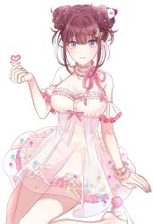 Rule 34 | 1girl, breasts, brown hair, choker, cleavage, detached sleeves, double bun, dress, finger heart, fortissimo, frilled choker, frills, hair bun, hair ornament, halterneck, highres, hiro (chr zzz), lee roha, looking at viewer, medium breasts, musical note, musical note hair ornament, nail polish, nijisanji, nijisanji kr, official alternate costume, pink dress, pink nails, purple eyes, short sleeves, sitting, smile, solo, treble clef, virtual youtuber, white background