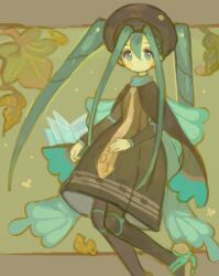 Rule 34 | 1girl, black cape, black pantyhose, blue eyes, blue hair, blue wings, blush, book, brown dress, brown hat, bug miku (project voltage), butterfly wings, cape, closed mouth, commentary request, creatures (company), dress, eyeshadow, fake wings, game freak, grey eyeshadow, hair between eyes, hat, hatsune miku, insect wings, korean commentary, kuzuvine, leaf, long hair, long sleeves, looking at viewer, makeup, muted color, necktie, nintendo, open book, pantyhose, pokemon, project voltage, shoes, solo, twintails, very long hair, vocaloid, wings, yellow necktie