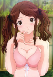 Rule 34 | 1girl, absurdres, amagami, bikini, blush, bow, breasts squeezed together, breasts, brown eyes, brown hair, cleavage, finger to mouth, front-tie top, hair bow, hair ribbon, highres, large breasts, long hair, megami magazine, nakata sae, official art, pink bikini, pinky out, ribbon, scan, smile, solo, swimsuit, twintails, yanagi shinsuke
