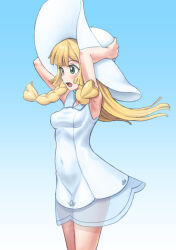 1girl arms_up blonde_hair blue_background braid breasts commentary_request creatures_(company) dress els_(ljhlee12) eyelashes floating_hair game_freak gradient_background green_eyes hands_on_headwear hat highres korean_commentary lillie_(pokemon) long_hair nintendo open_mouth pokemon pokemon_sm solo sun_hat tongue twin_braids white_dress white_hat