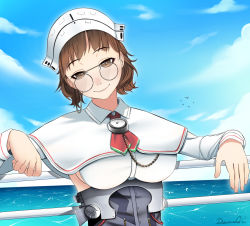 Rule 34 | 1girl, artist name, blue sky, breasts, brown eyes, brown hair, closed mouth, commentary, commission, darkpulsegg, english commentary, glasses, hat, kantai collection, large breasts, lips, long sleeves, looking at viewer, military, military hat, military uniform, ocean, roma (kancolle), round eyewear, short hair, sky, smile, solo, uniform, upper body, white hat