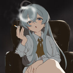 Rule 34 | 1girl, ahoge, between fingers, black background, blowing smoke, blue eyes, blue hair, blush, brown ribbon, chair, cigarette, collared shirt, crossed legs, elaina (majo no tabitabi), feet out of frame, grey shirt, half-closed eyes, hand on own thigh, highres, holding, holding cigarette, kakeami, light blue hair, long hair, long sleeves, looking at viewer, loose neck ribbon, lounge chair, majo no tabitabi, neck ribbon, no headwear, on chair, open mouth, ribbon, shirt, sidelocks, sitting, smoke ring, smoking, solo