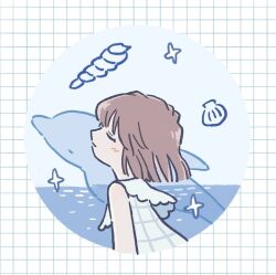 Rule 34 | 1girl, blush, brown hair, closed eyes, closed mouth, dolphin, from side, fucca, grid background, original, profile, seashell, shell, shirt, short hair, sleeveless, sleeveless shirt, smile, solo, sparkle, upper body, white shirt