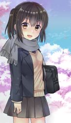 Rule 34 | 10s, 1girl, alternate costume, bag, black hair, blazer, brown eyes, cherry blossoms, day, jacket, kantai collection, pleated skirt, scarf, school uniform, sendai (kancolle), skirt, sky, smile, solo, two side up, yuzuttan