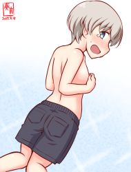Rule 34 | 1girl, alternate costume, androgynous, black male swimwear, black swim trunks, blue eyes, commentary request, covering privates, covering breasts, cowboy shot, dated, embarrassed, feet out of frame, from behind, grey hair, kanon (kurogane knights), kantai collection, looking at viewer, looking back, male swimwear, male swimwear challenge, one-hour drawing challenge, short hair, simple background, solo, swim trunks, swimsuit, tears, topless, white background, z1 leberecht maass (kancolle)